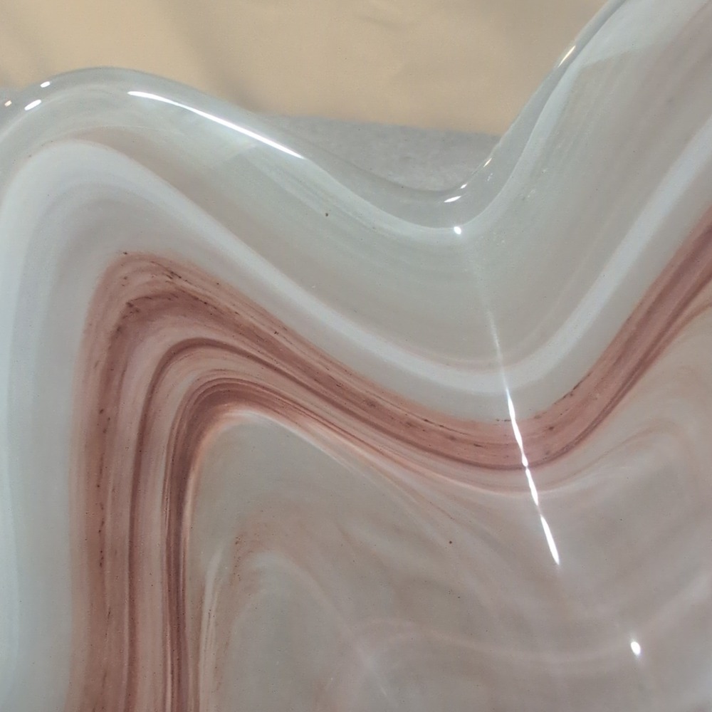 Art Glass Ruffled Bowl Mauve White Swirl Hand Blown Centerpiece - Picture 3 of 6